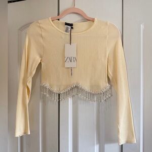 Zara Pale Yellow Ribbed Long-Sleeve Cropped Top with Beaded Fringe